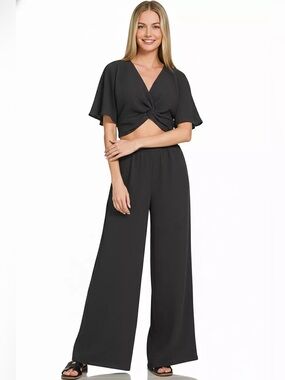 🖤 NWT Zenana Woven Airflow Twisted Top & Wide Leg Pants Set Black Large 🖤